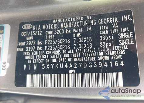 2013 Kia Sorento Ex V6 z USA, uszkodzony, nr VIN 5XYKU4A27DG394164